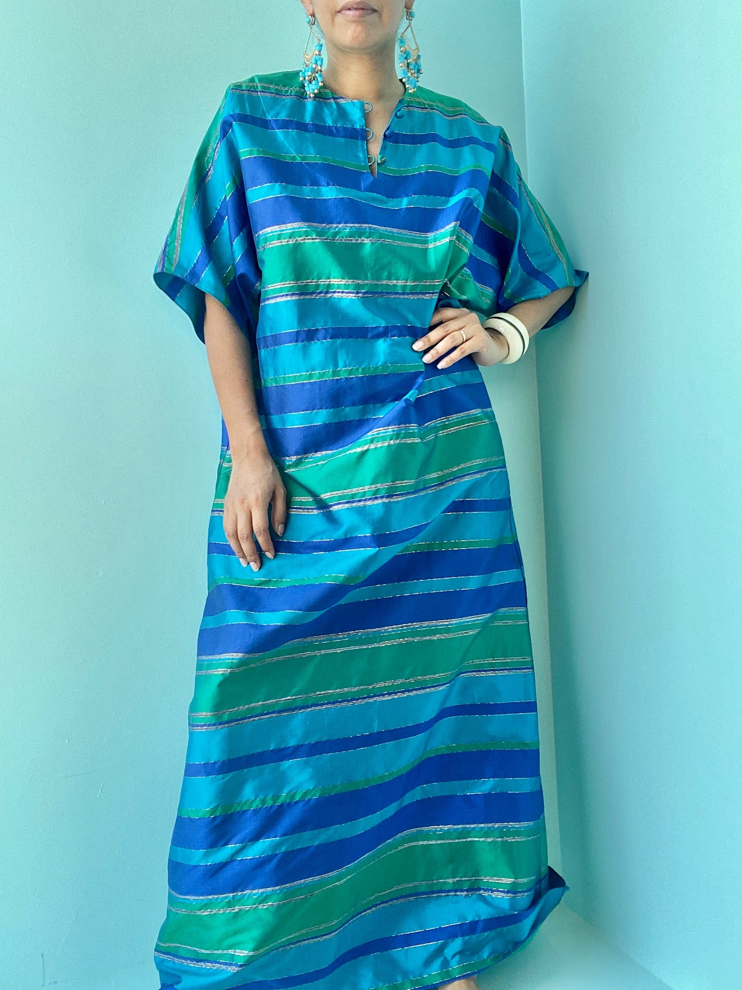 Vintage Smithsonian Gift Shop Thai Silk Green Blue Gold Lurex Caftan