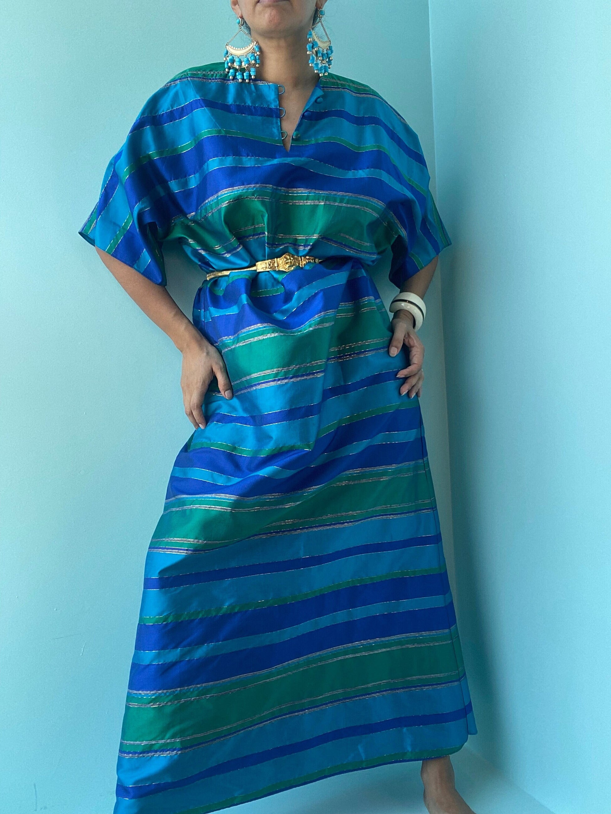 Vintage Smithsonian Gift Shop Thai Silk Green Blue Gold Lurex Caftan