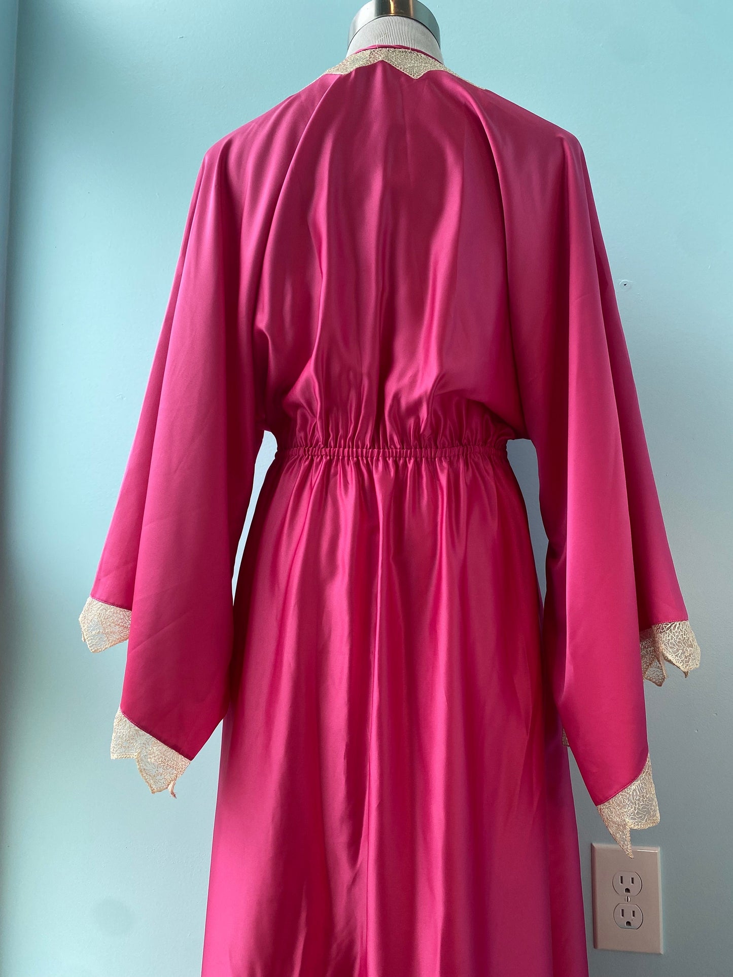 Zandra RHODES 70s Magenta Satin Lace Trimmed Maxi Dress Gown