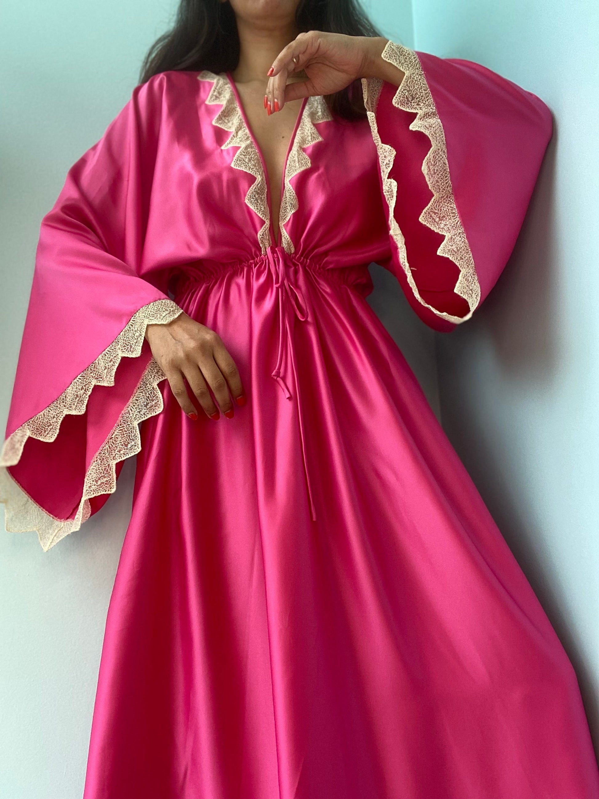 Zandra RHODES 70s Magenta Satin Lace Trimmed Maxi Dress Gown