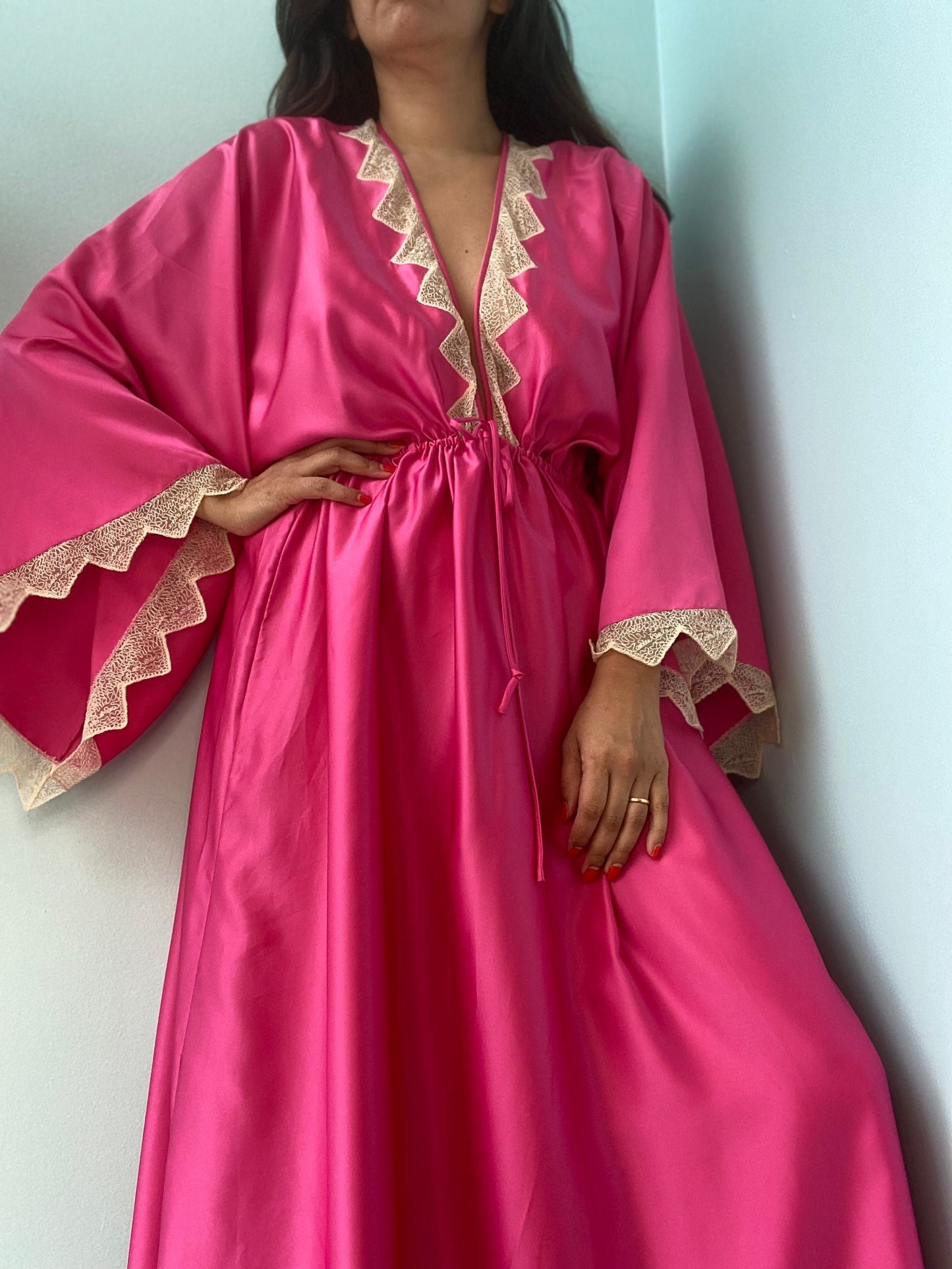 Zandra RHODES 70s Magenta Satin Lace Trimmed Maxi Dress Gown