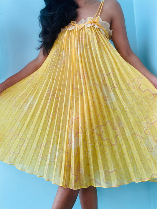 70s Zandra RHODES Yellow Pleated Lace Trimmed Tent Slip Dress