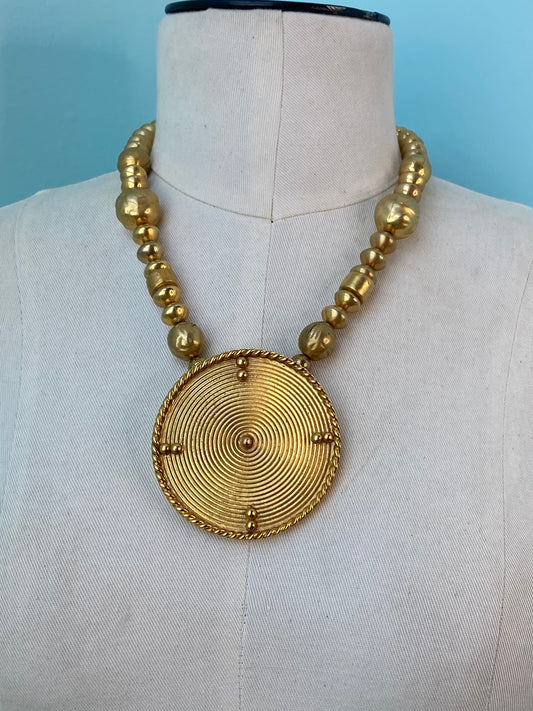 70s Signed Alexis Kirk Etruscan Revival Gold Medallion Pendant