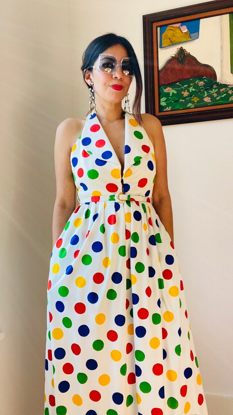 1970 Geoffrey Beene Polka Dot Collared Halter Gown