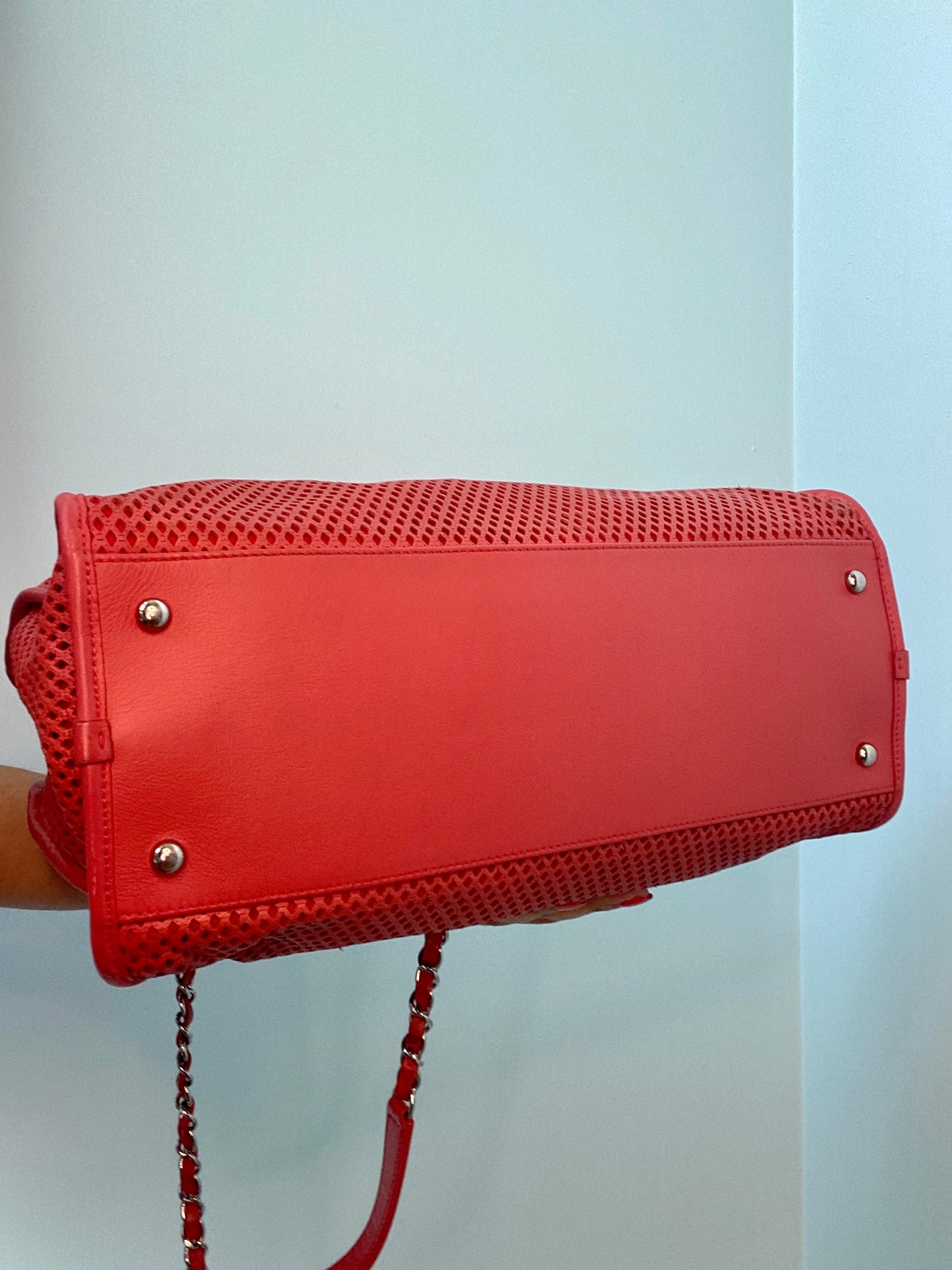 Up In Air CHANEL Leather Coral Red Perforated Convertible Tote