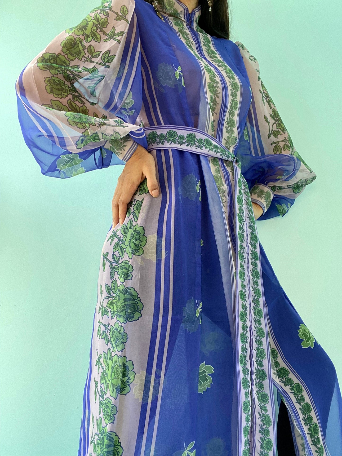 Custom Made Parisian Floral Bishop Sleeves Silk Chiffon Tunic Maxi Dress