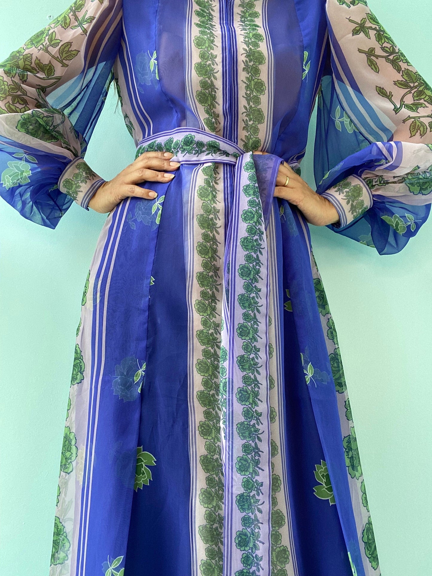 Custom Made Parisian Floral Bishop Sleeves Silk Chiffon Tunic Maxi Dress