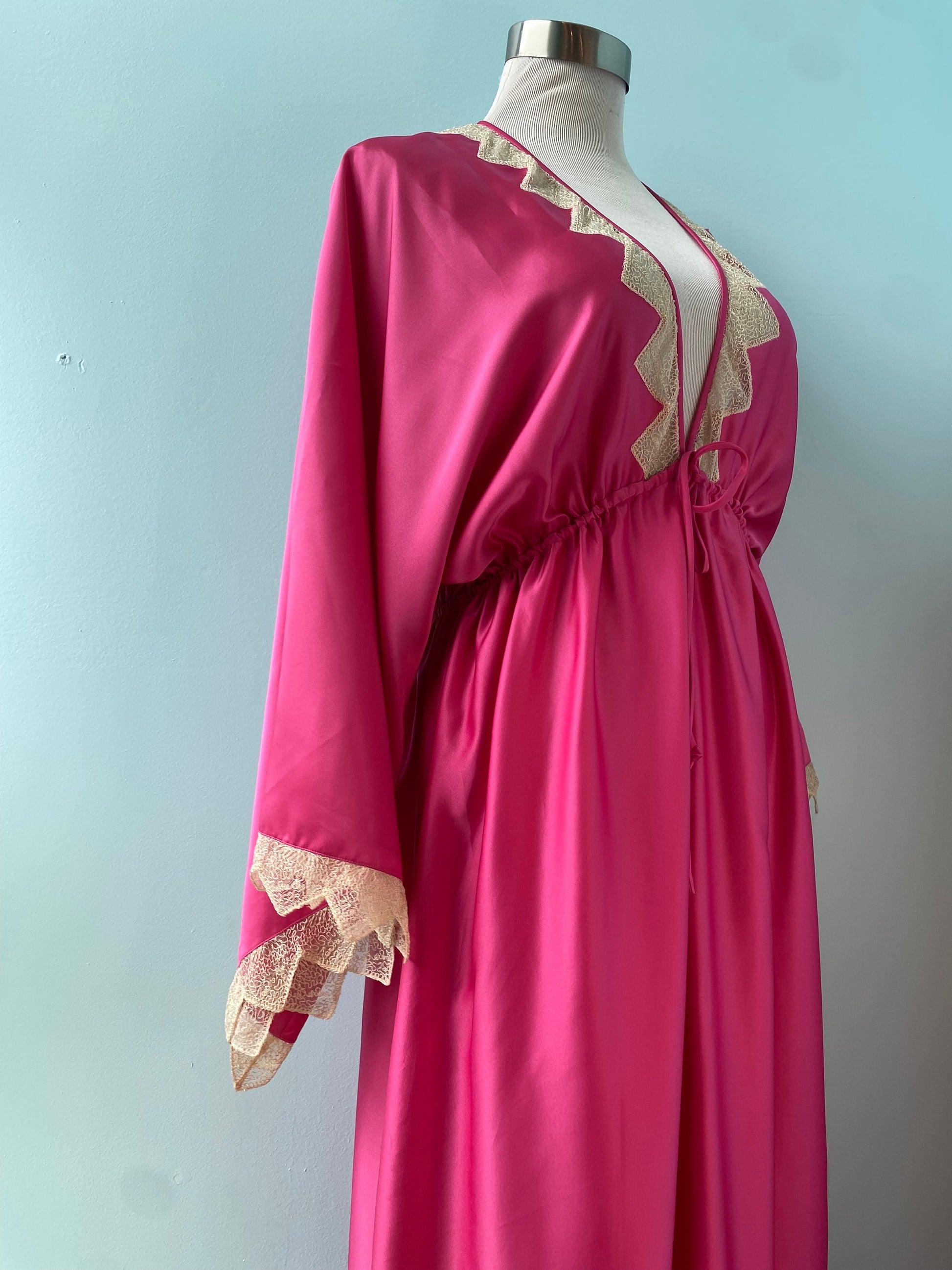 Zandra RHODES 70s Magenta Satin Lace Trimmed Maxi Dress Gown