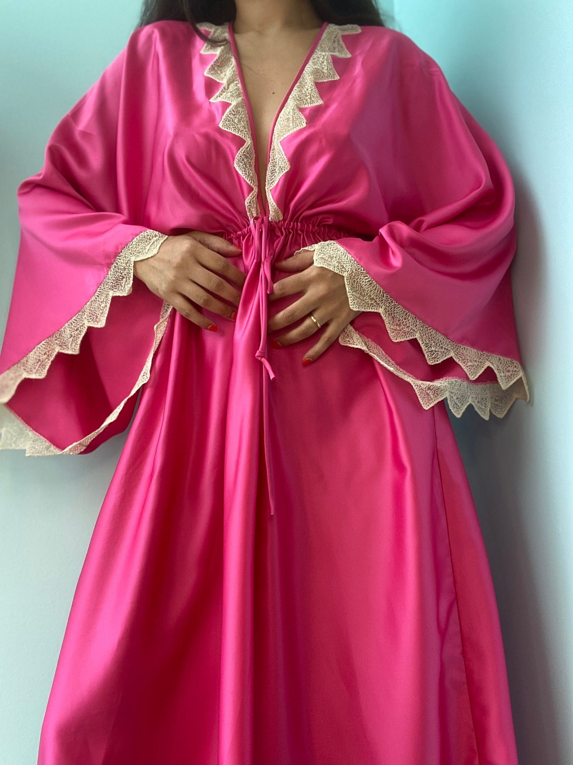 Zandra RHODES 70s Magenta Satin Lace Trimmed Maxi Dress Gown