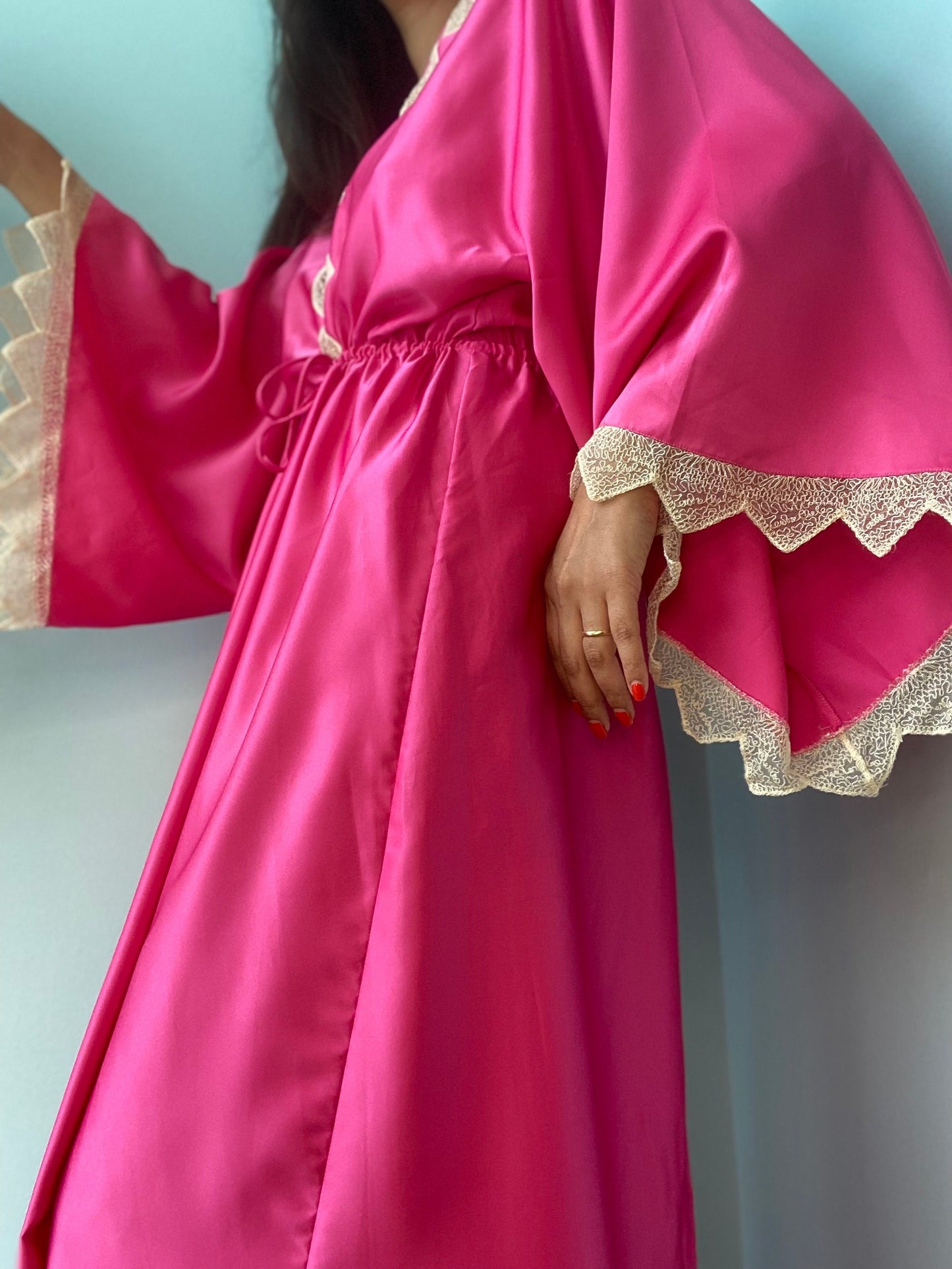 Zandra RHODES 70s Magenta Satin Lace Trimmed Maxi Dress Gown