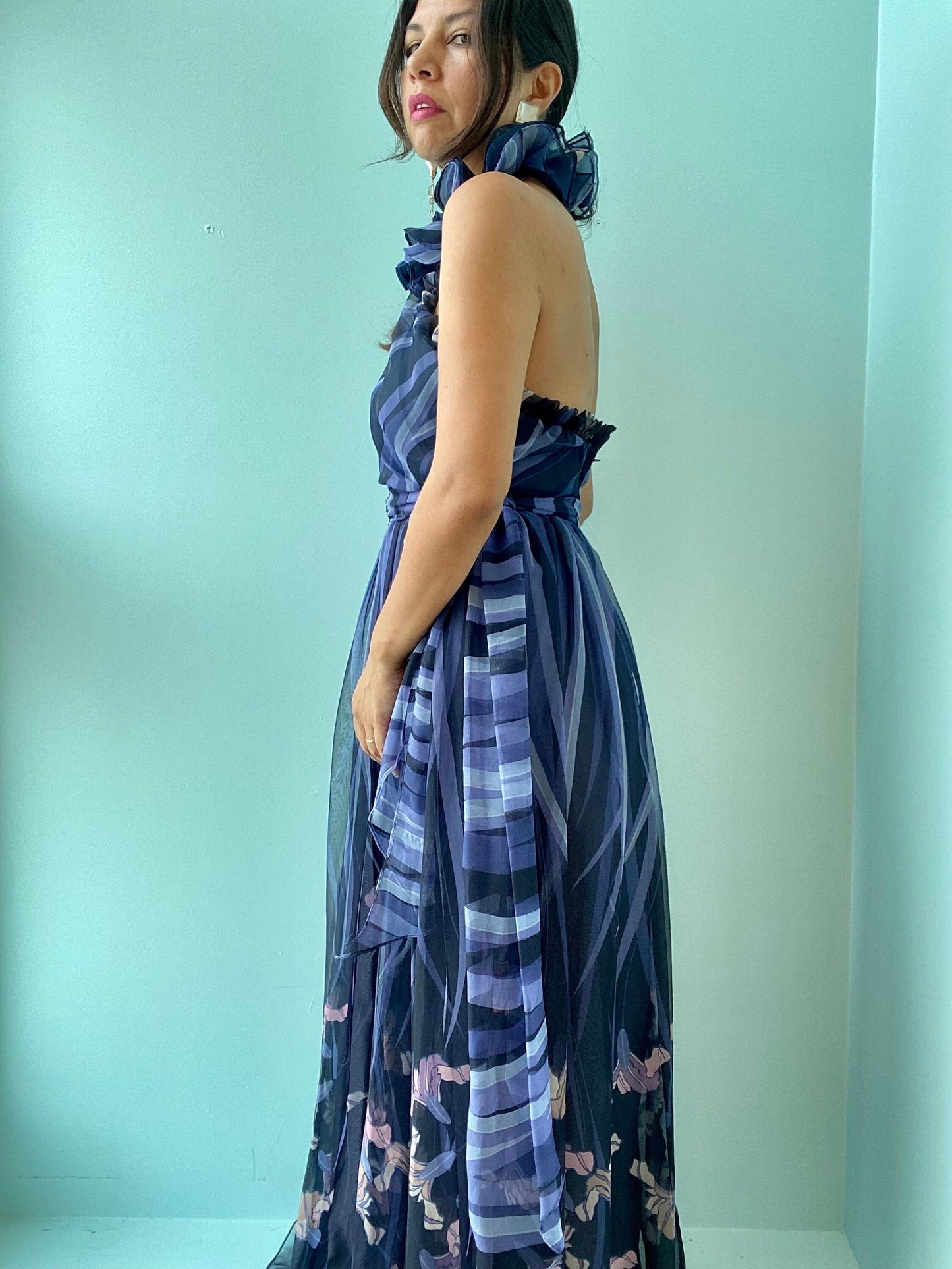 70s Floral Rufflued Neck Halter Maxi Chiffon Dress