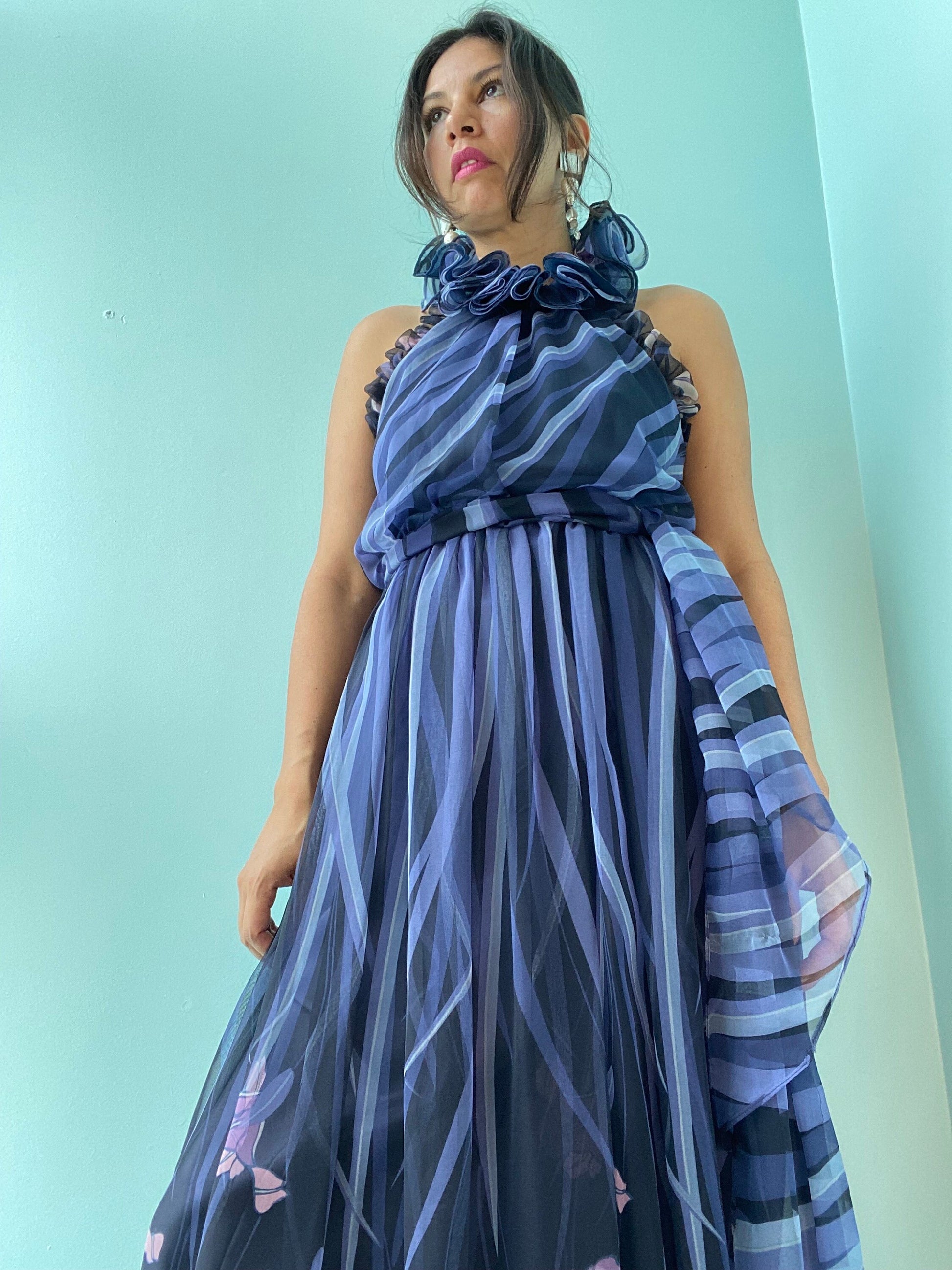 70s Floral Rufflued Neck Halter Maxi Chiffon Dress