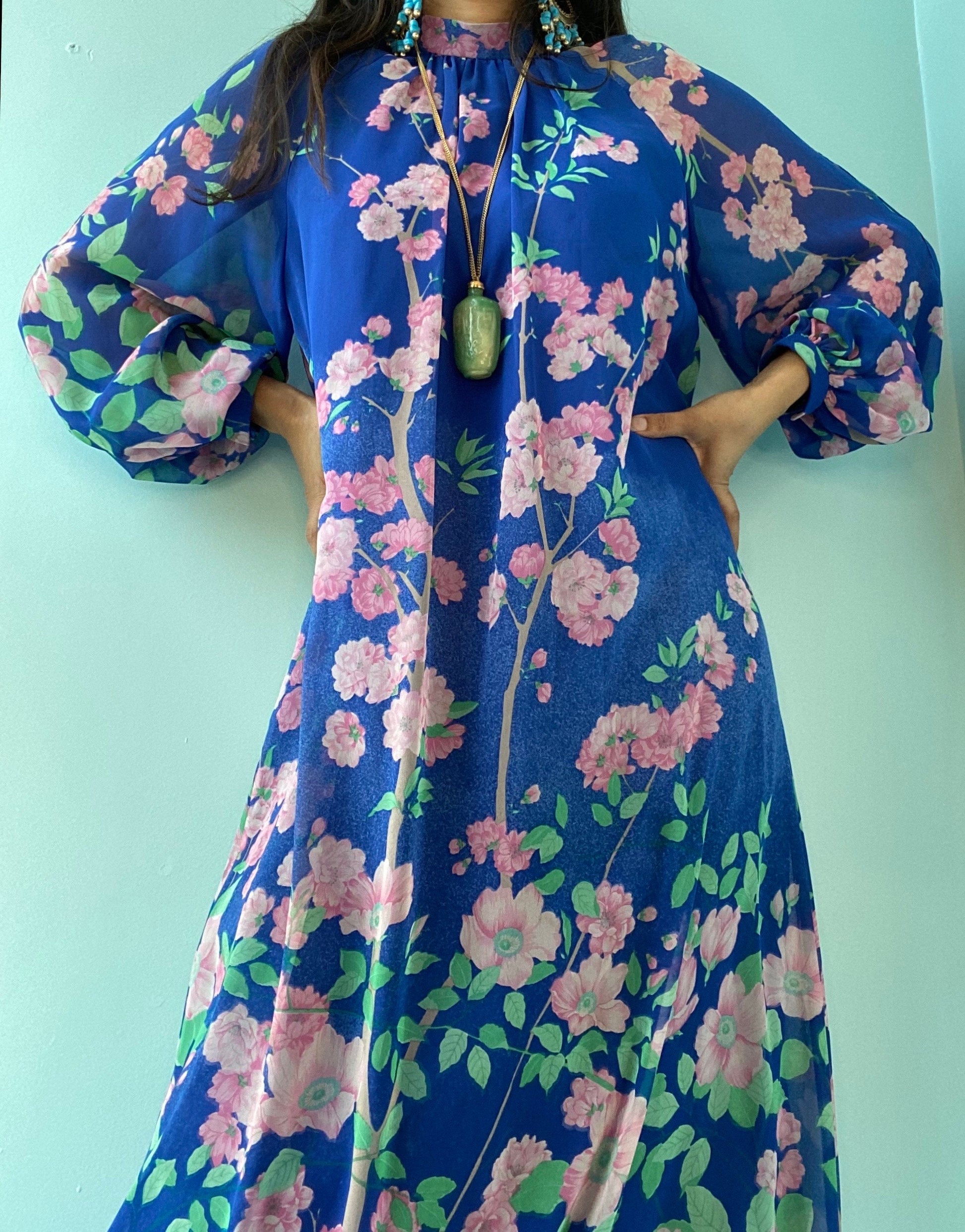 Vintage 70s Hanae Mori Floral Print Chiffon Maxi Bishop Sleeves Dress