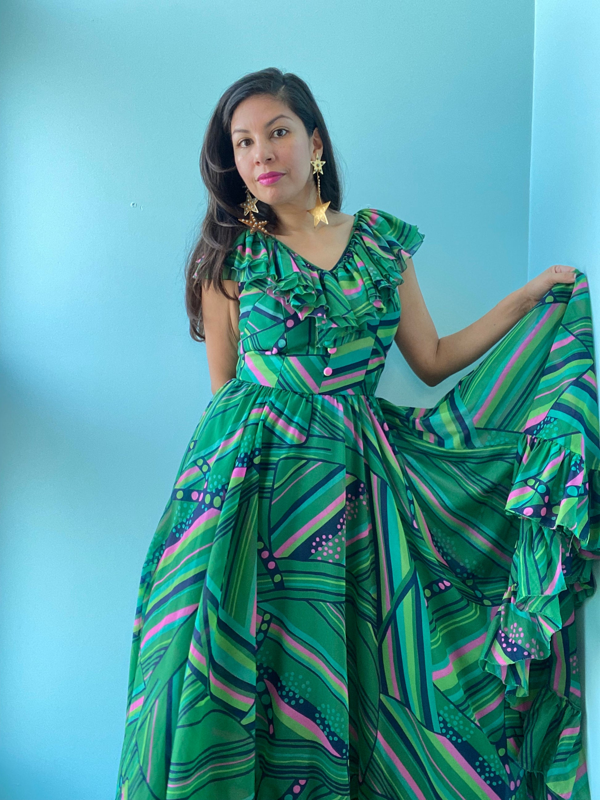 60s Luis Fuentes Ruffled Green Psychedelic Print Dress