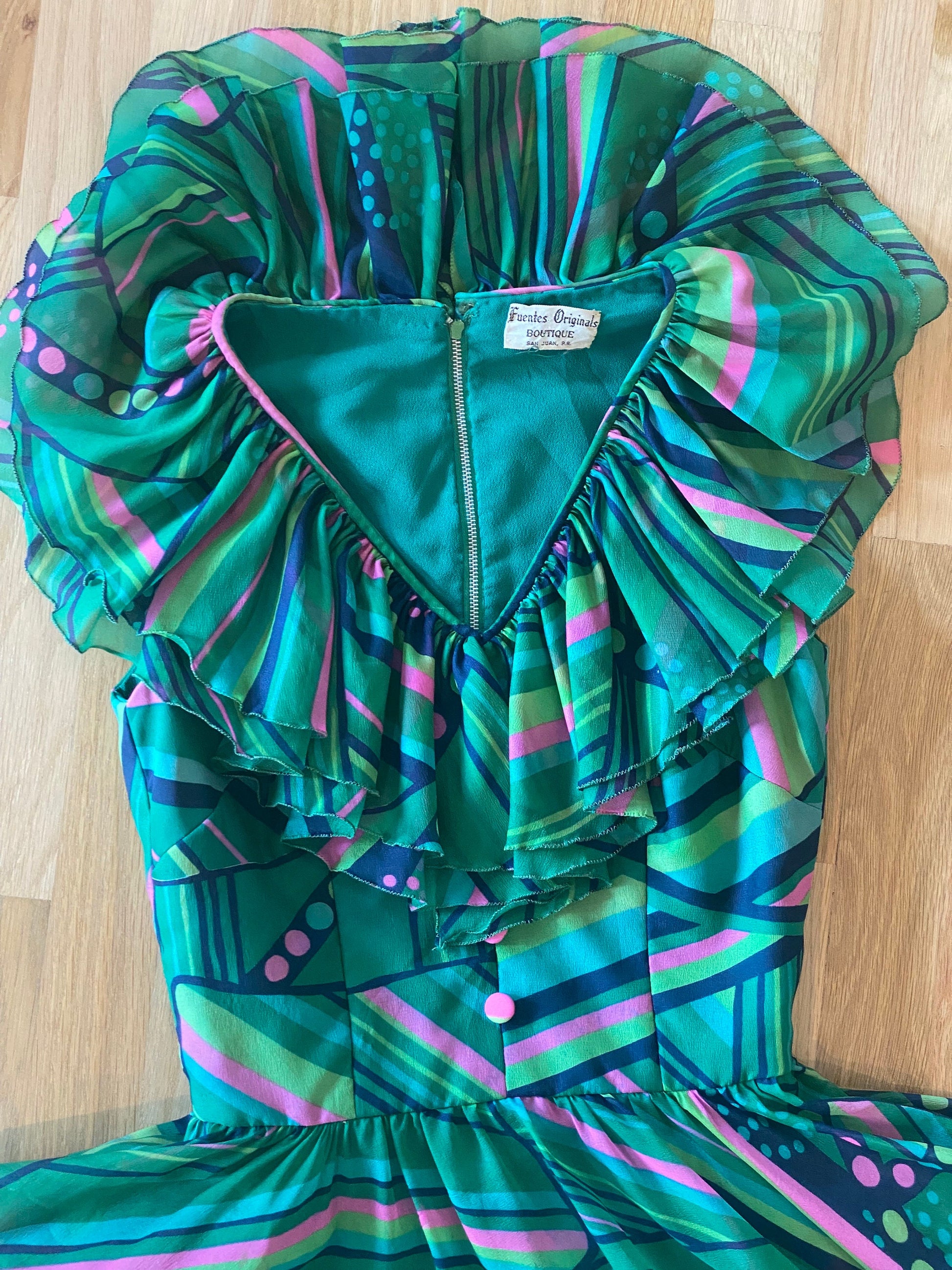 60s Luis Fuentes Ruffled Green Psychedelic Print Dress