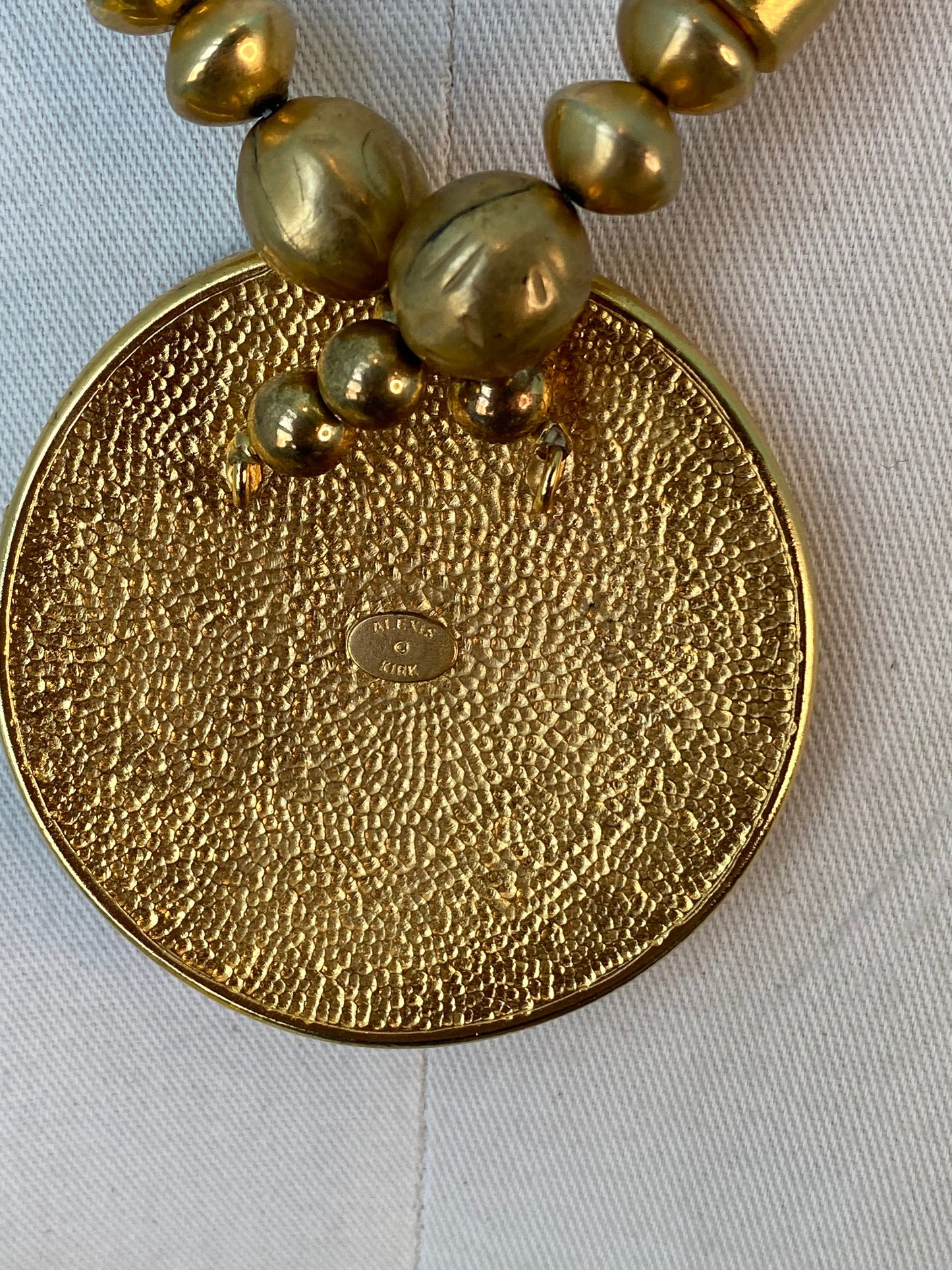 70s Signed Alexis Kirk Etruscan Revival Gold Medallion Pendant