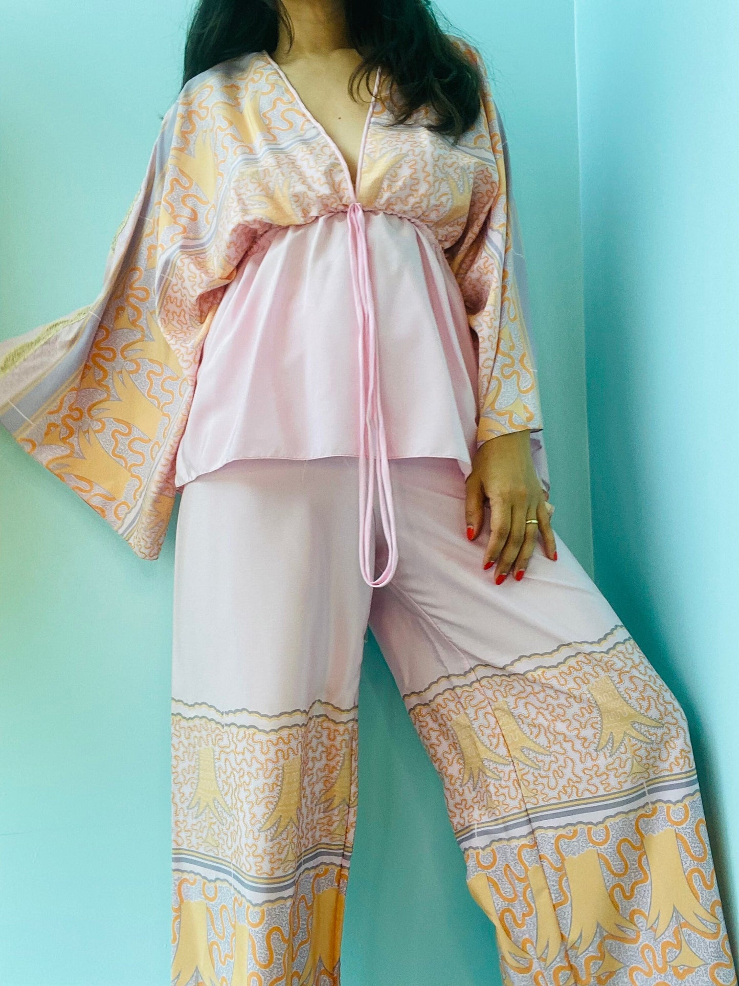 70s Zandra Rhodes Printed Kimono Sleeves Wide Leg Pant Set