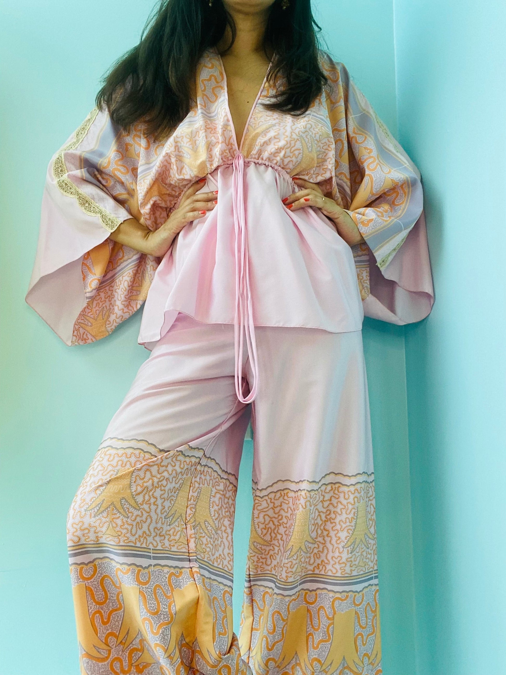 70s Zandra Rhodes Printed Kimono Sleeves Wide Leg Pant Set
