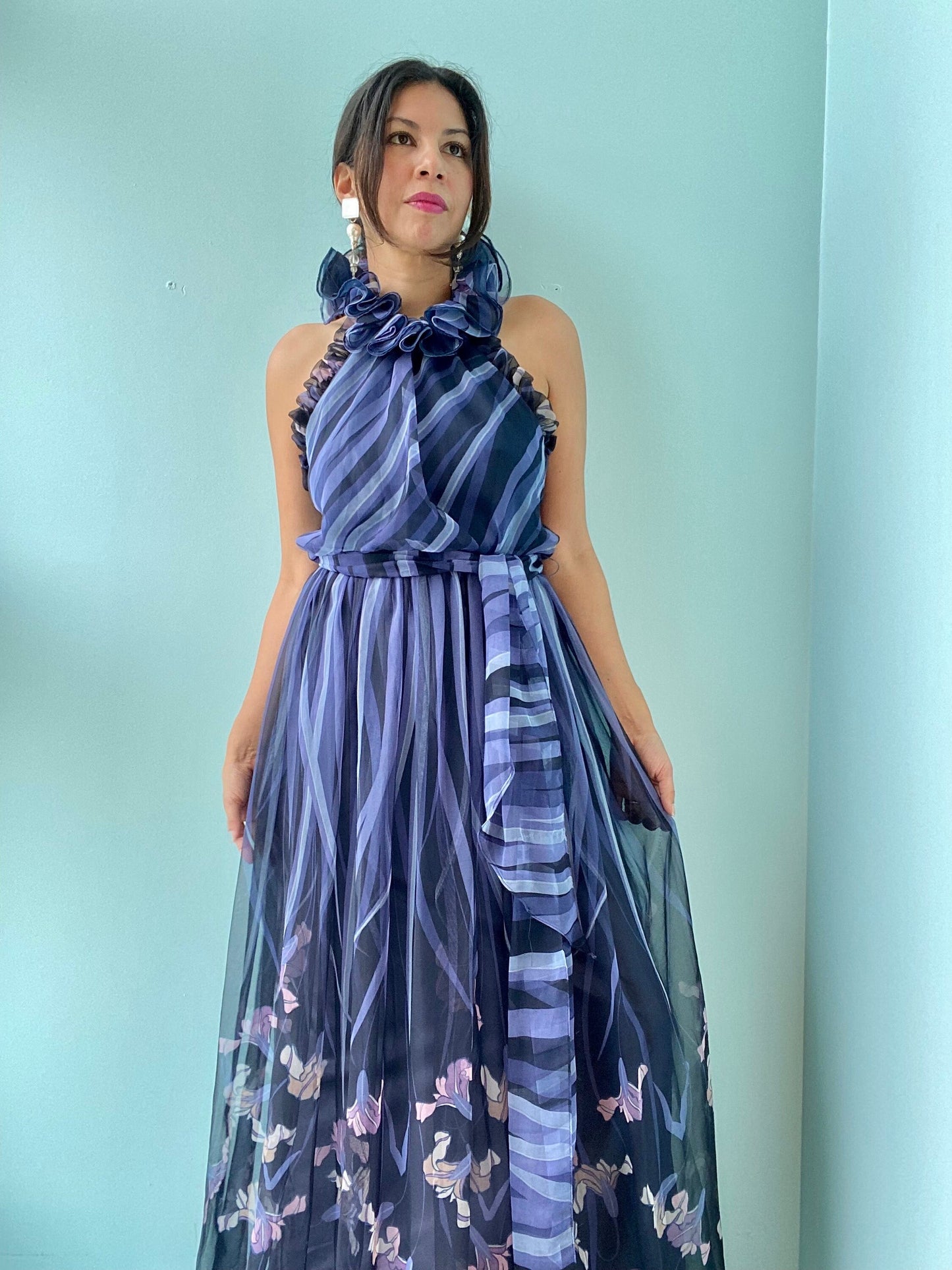 70s Floral Rufflued Neck Halter Maxi Chiffon Dress