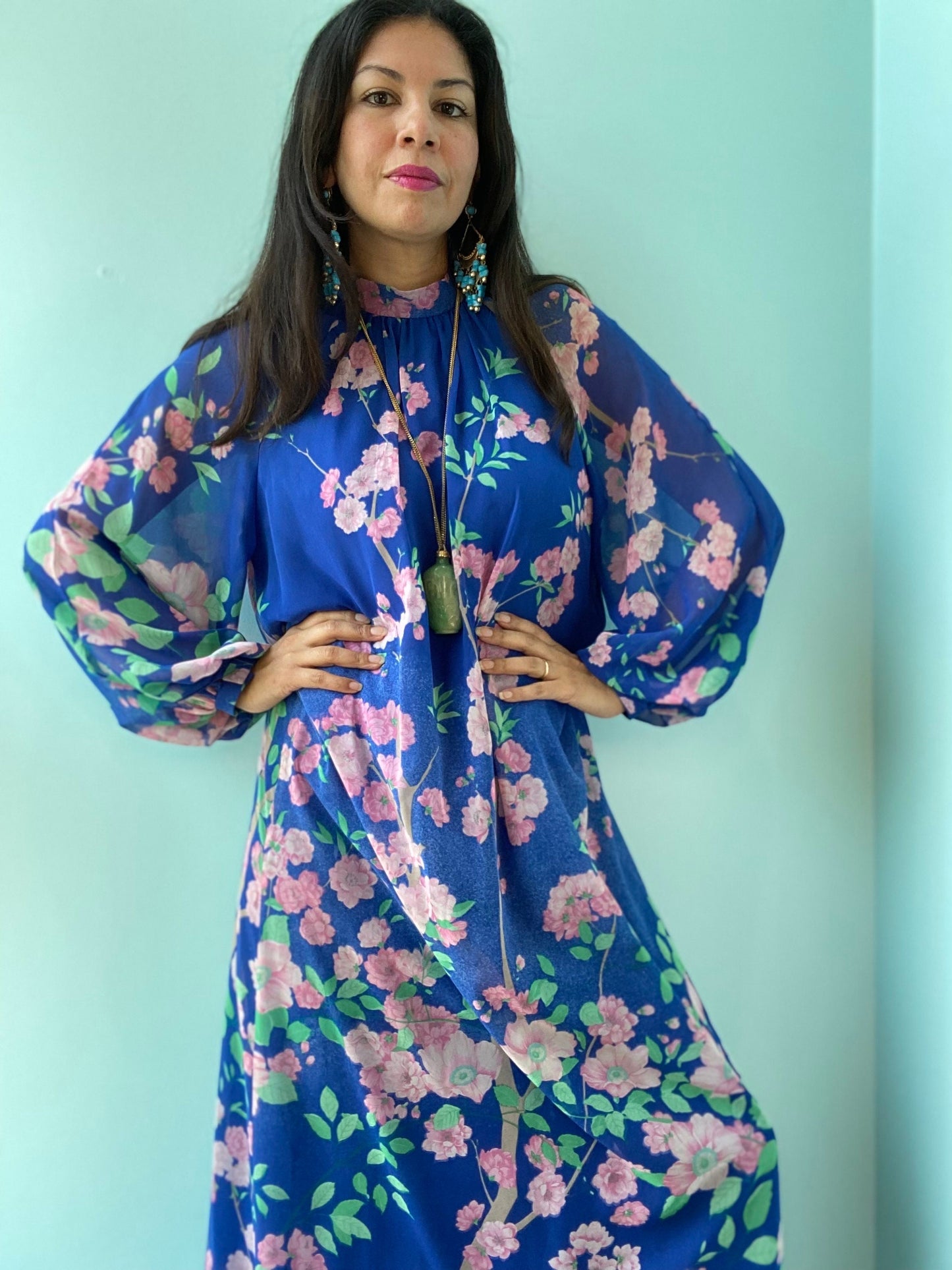 Vintage 70s Hanae Mori Floral Print Chiffon Maxi Bishop Sleeves Dress