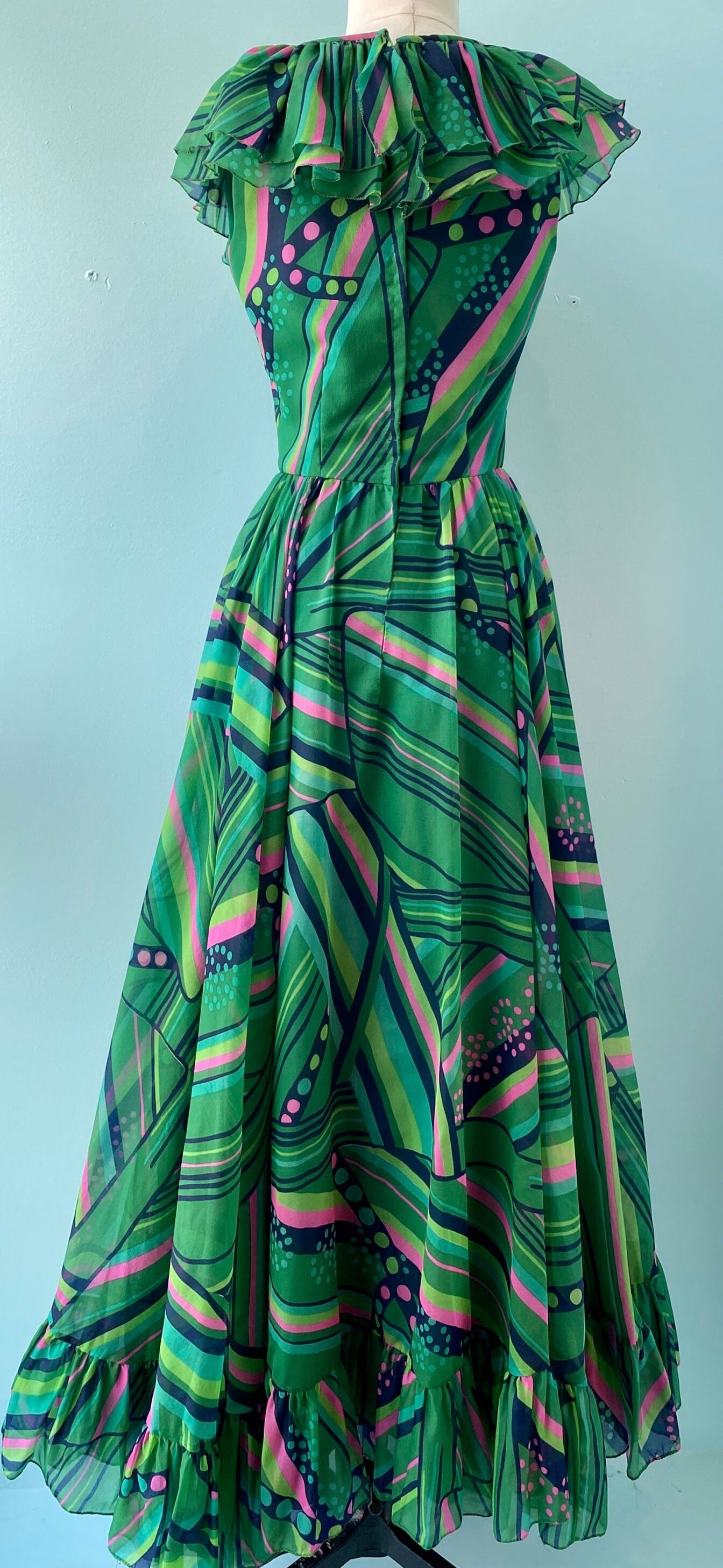 60s Luis Fuentes Ruffled Green Psychedelic Print Dress