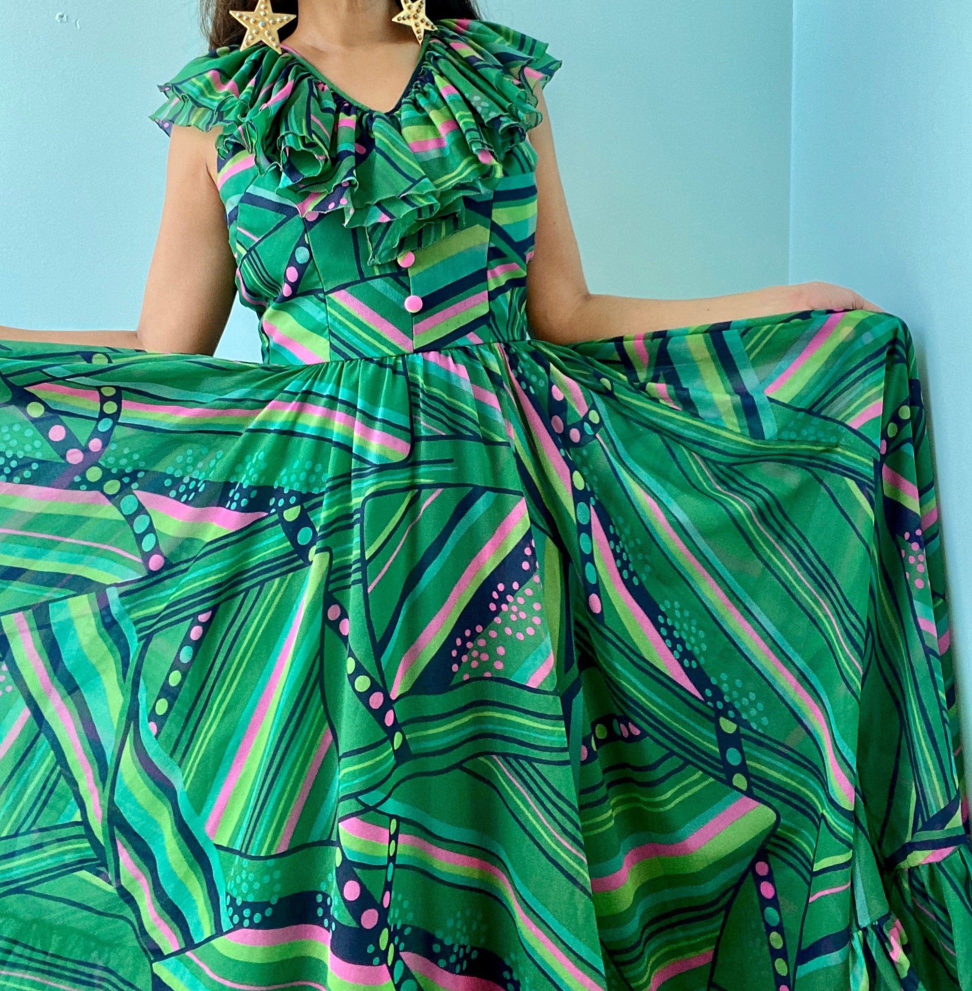 60s Luis Fuentes Ruffled Green Psychedelic Print Dress