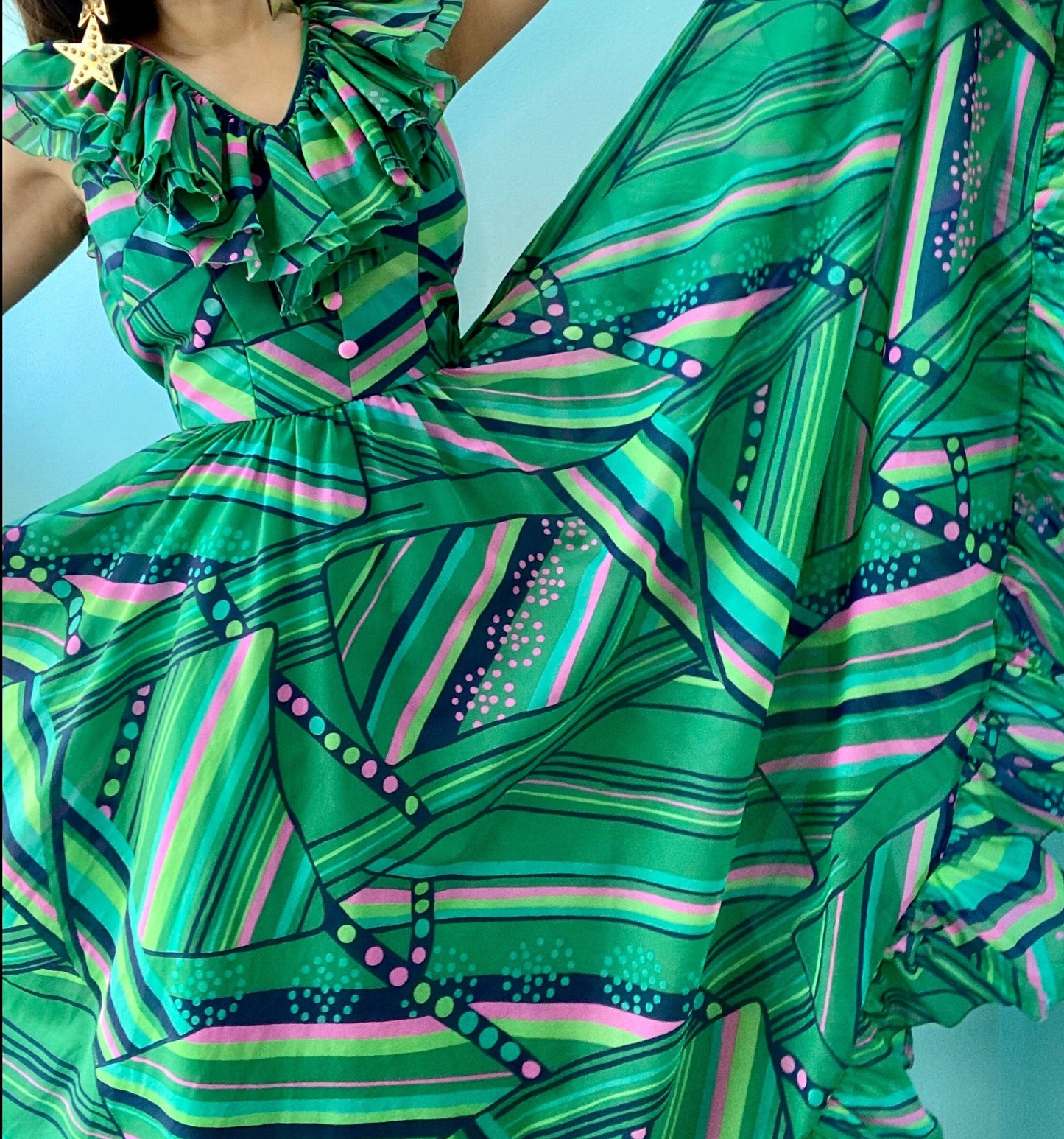 60s Luis Fuentes Ruffled Green Psychedelic Print Dress