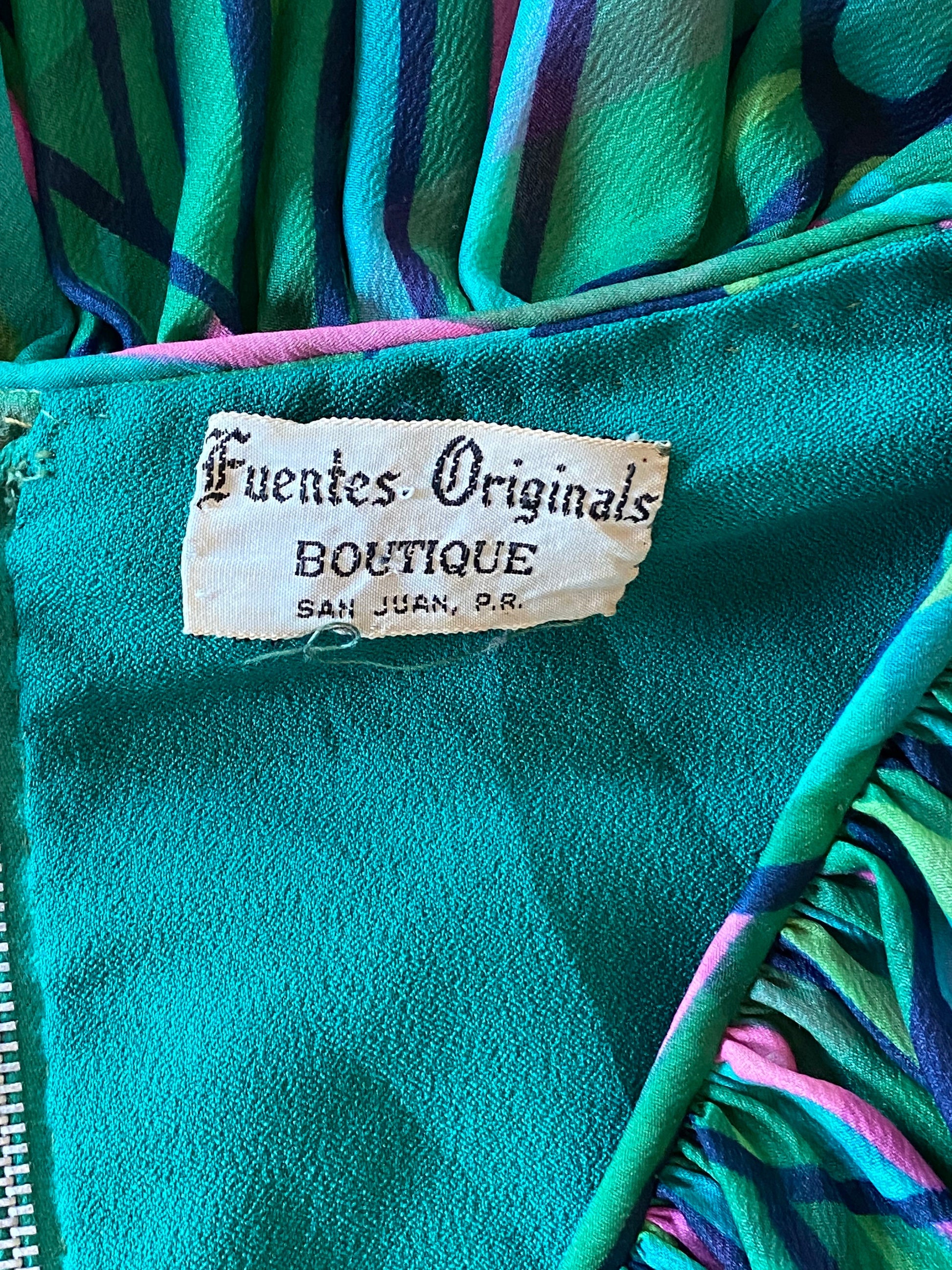 60s Luis Fuentes Ruffled Green Psychedelic Print Dress