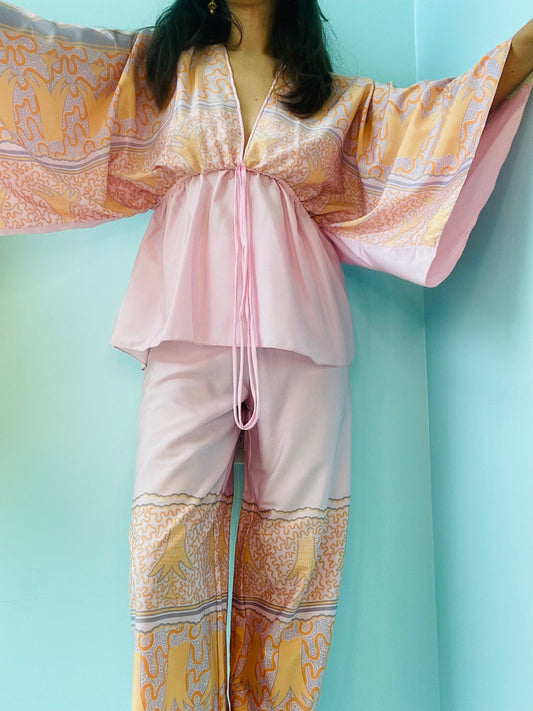 70s Zandra Rhodes Printed Kimono Sleeves Wide Leg Pant Set