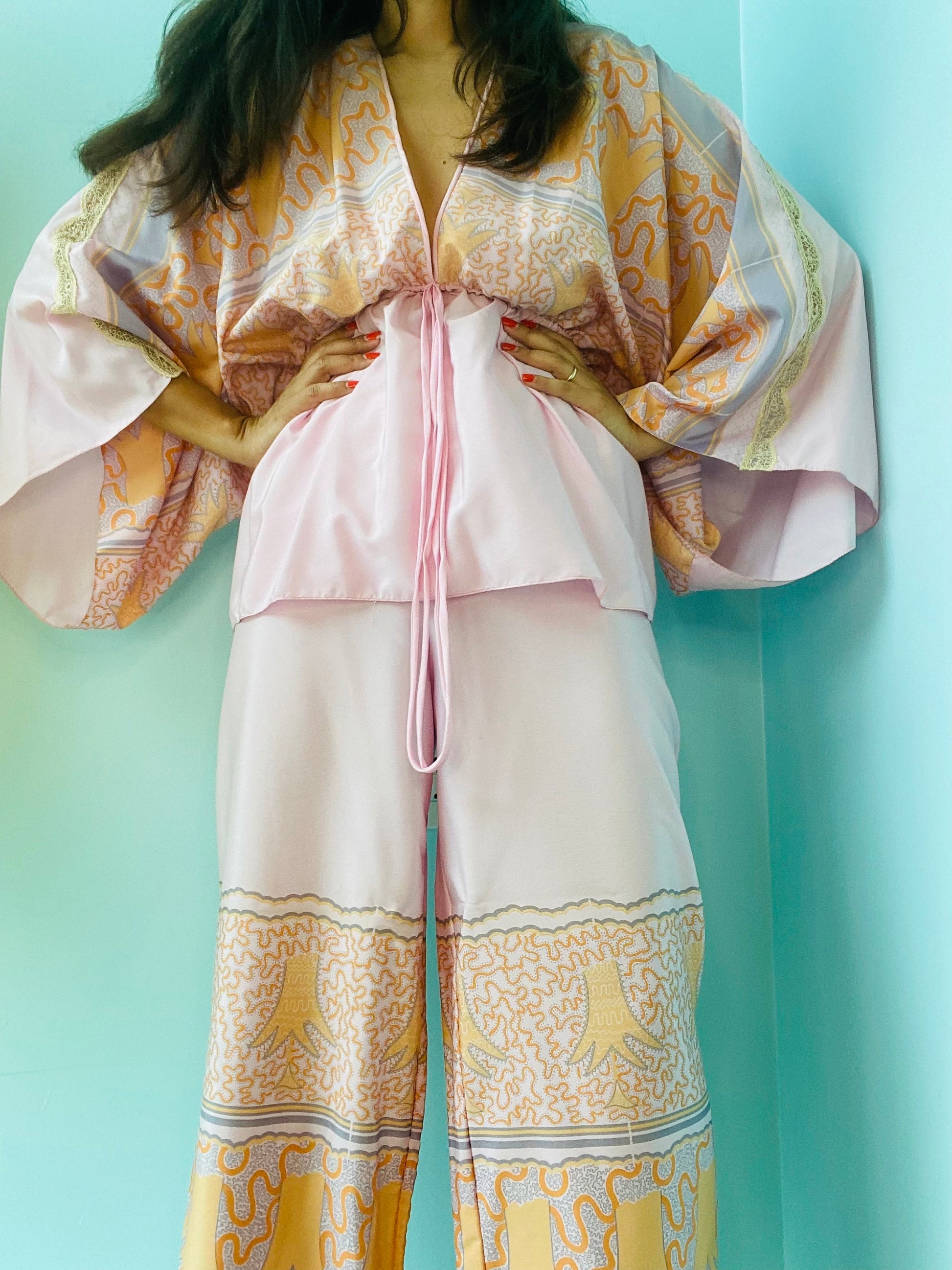 70s Zandra Rhodes Printed Kimono Sleeves Wide Leg Pant Set