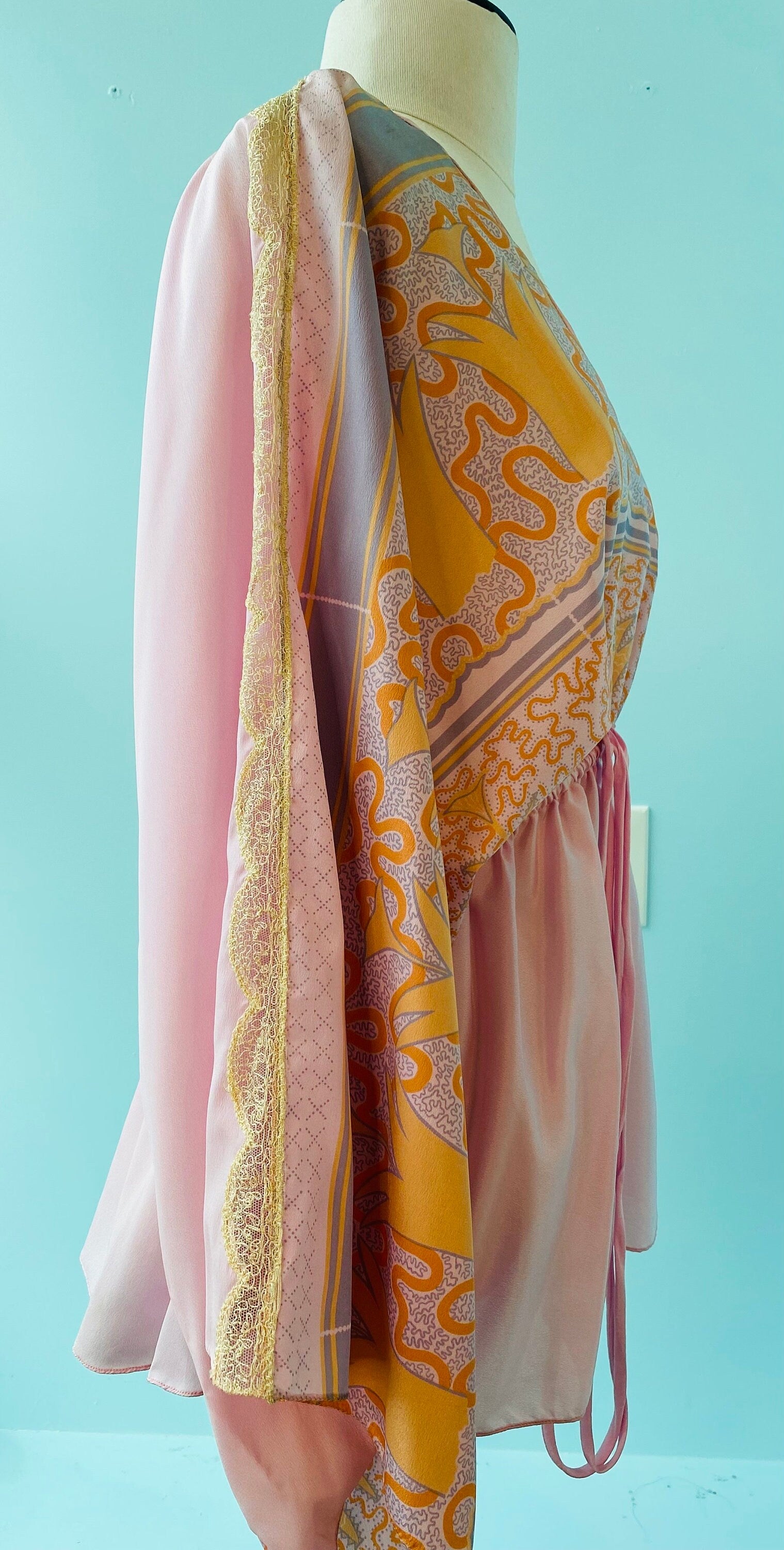 70s Zandra Rhodes Printed Kimono Sleeves Wide Leg Pant Set