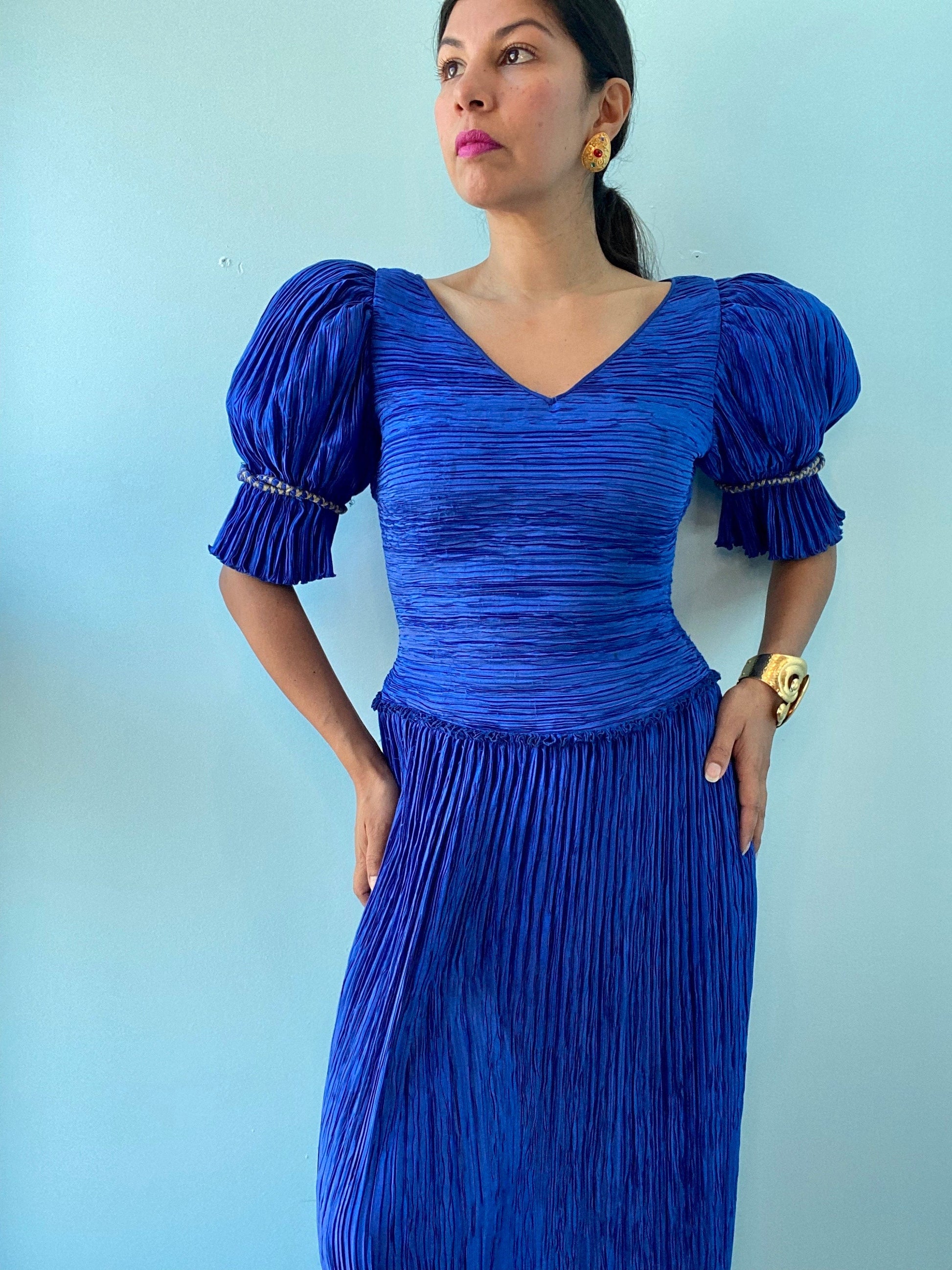 80s Mary McFadden Blue Pleated Gown