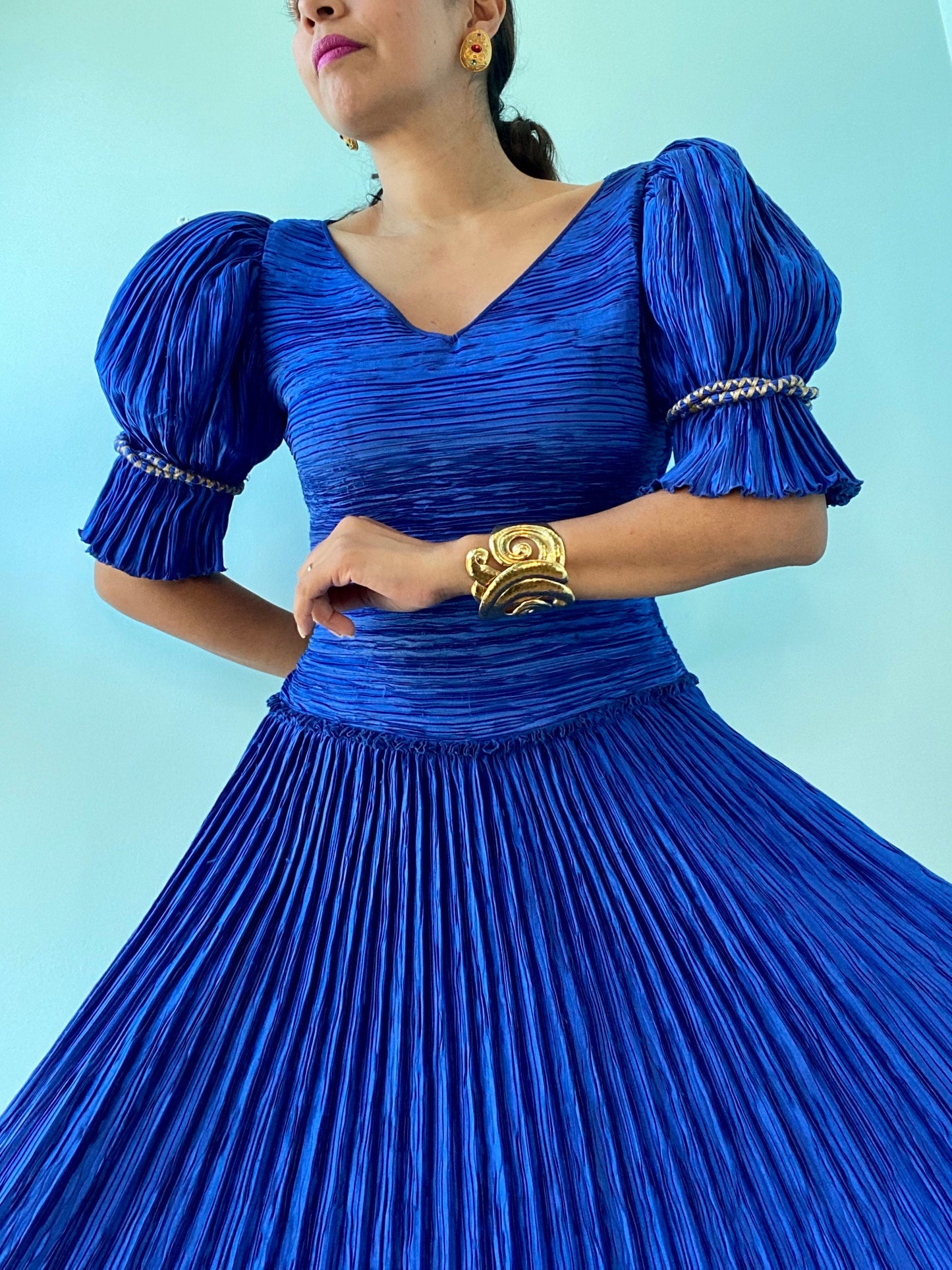 80s Mary McFadden Blue Pleated Gown