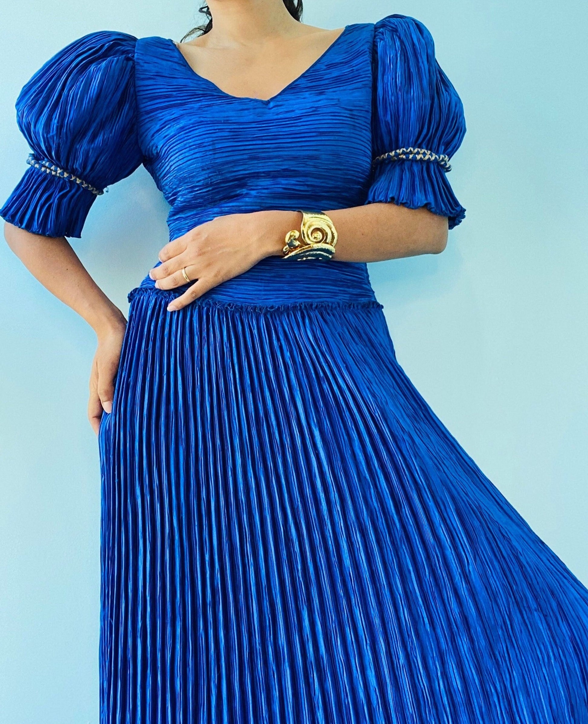 80s Mary McFadden Blue Pleated Gown