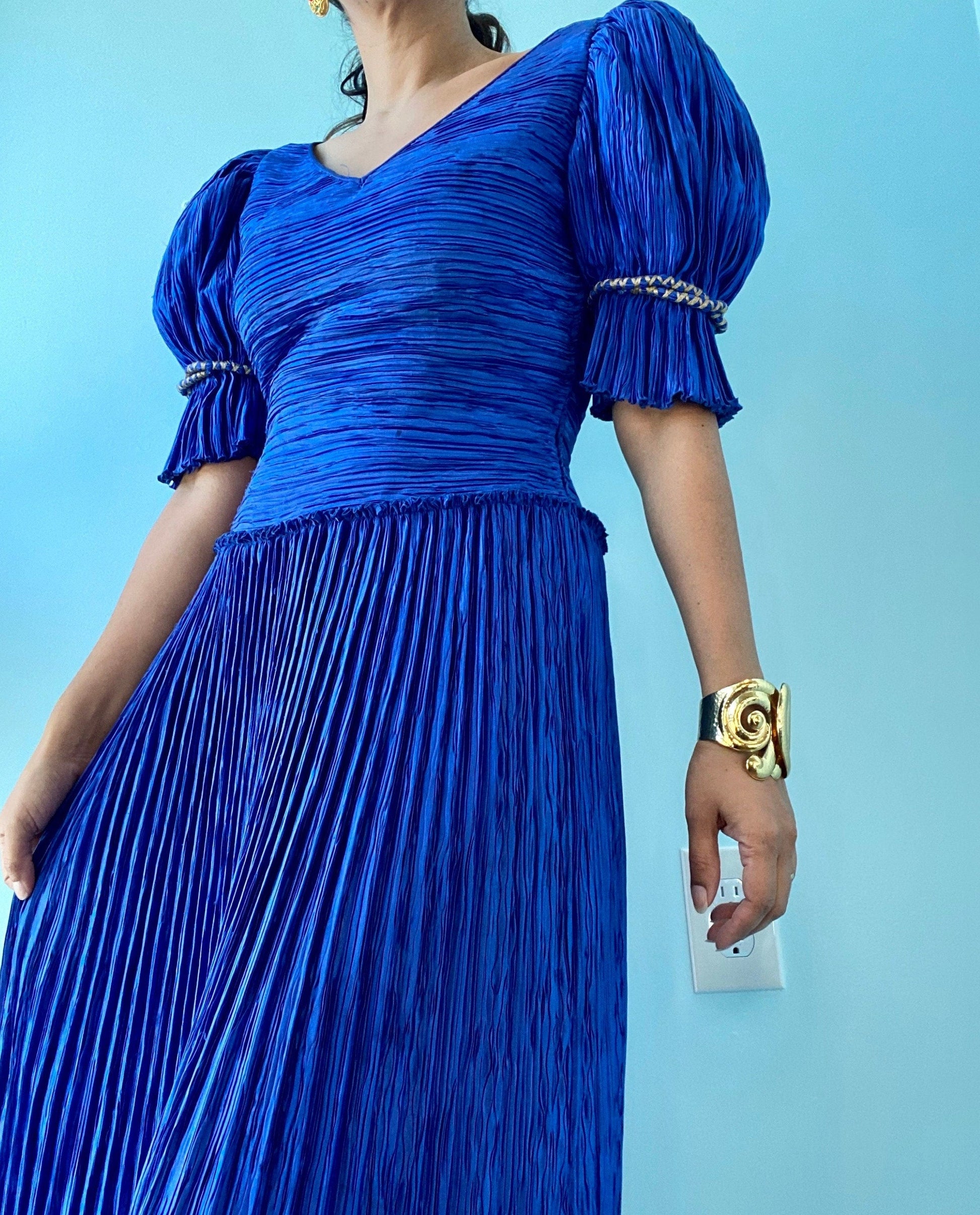 80s Mary McFadden Blue Pleated Gown