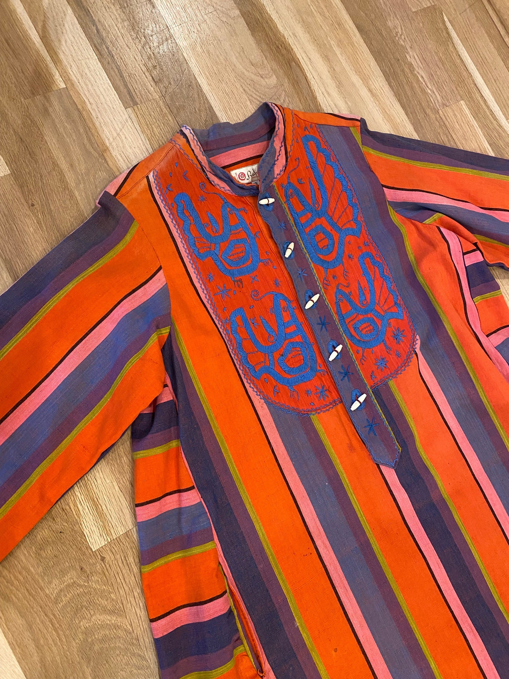 Vintage Mexican Designer Rafael Striped Embroidered Sweeping Caftan