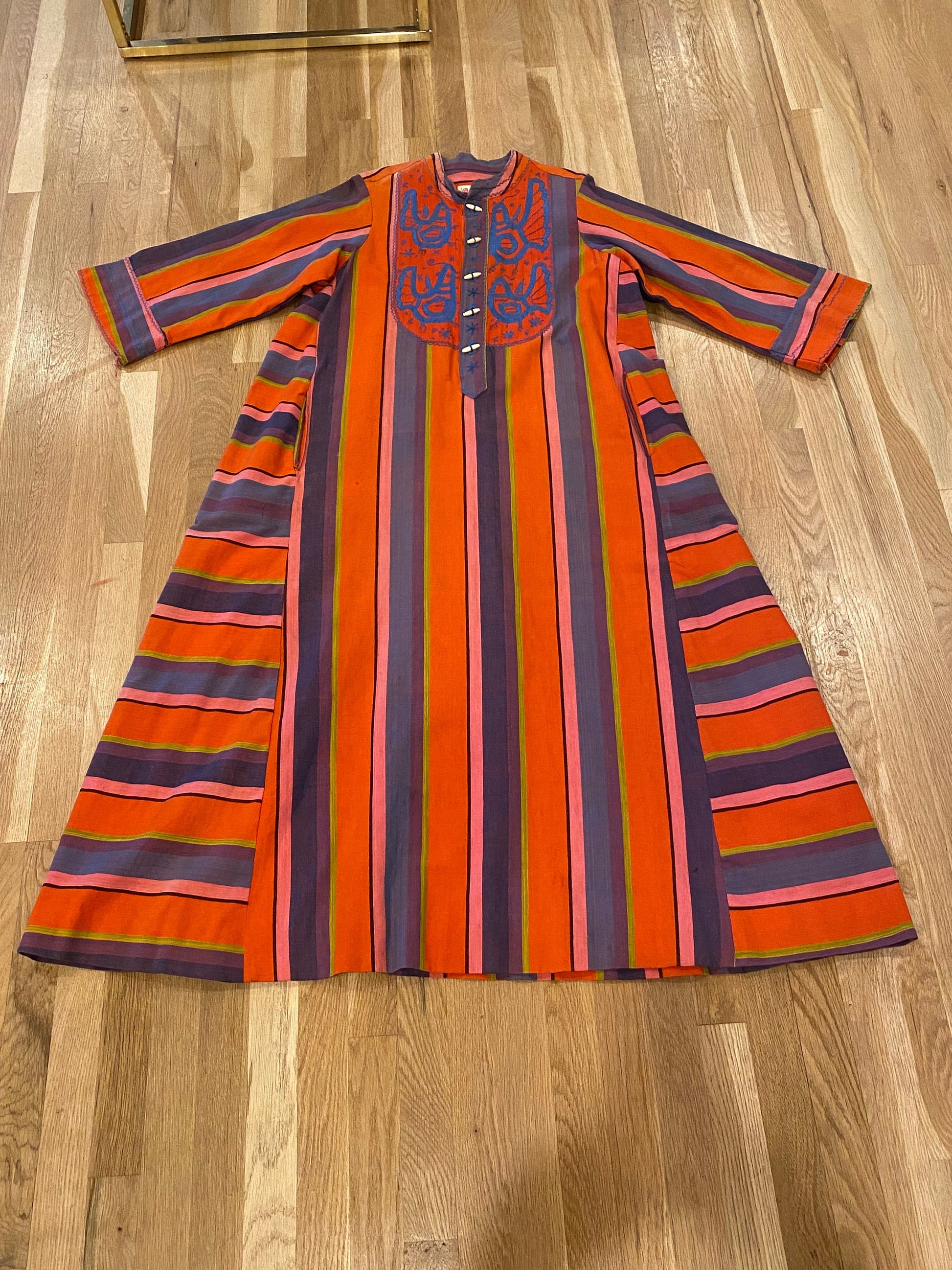 Vintage Mexican Designer Rafael Striped Embroidered Sweeping Caftan