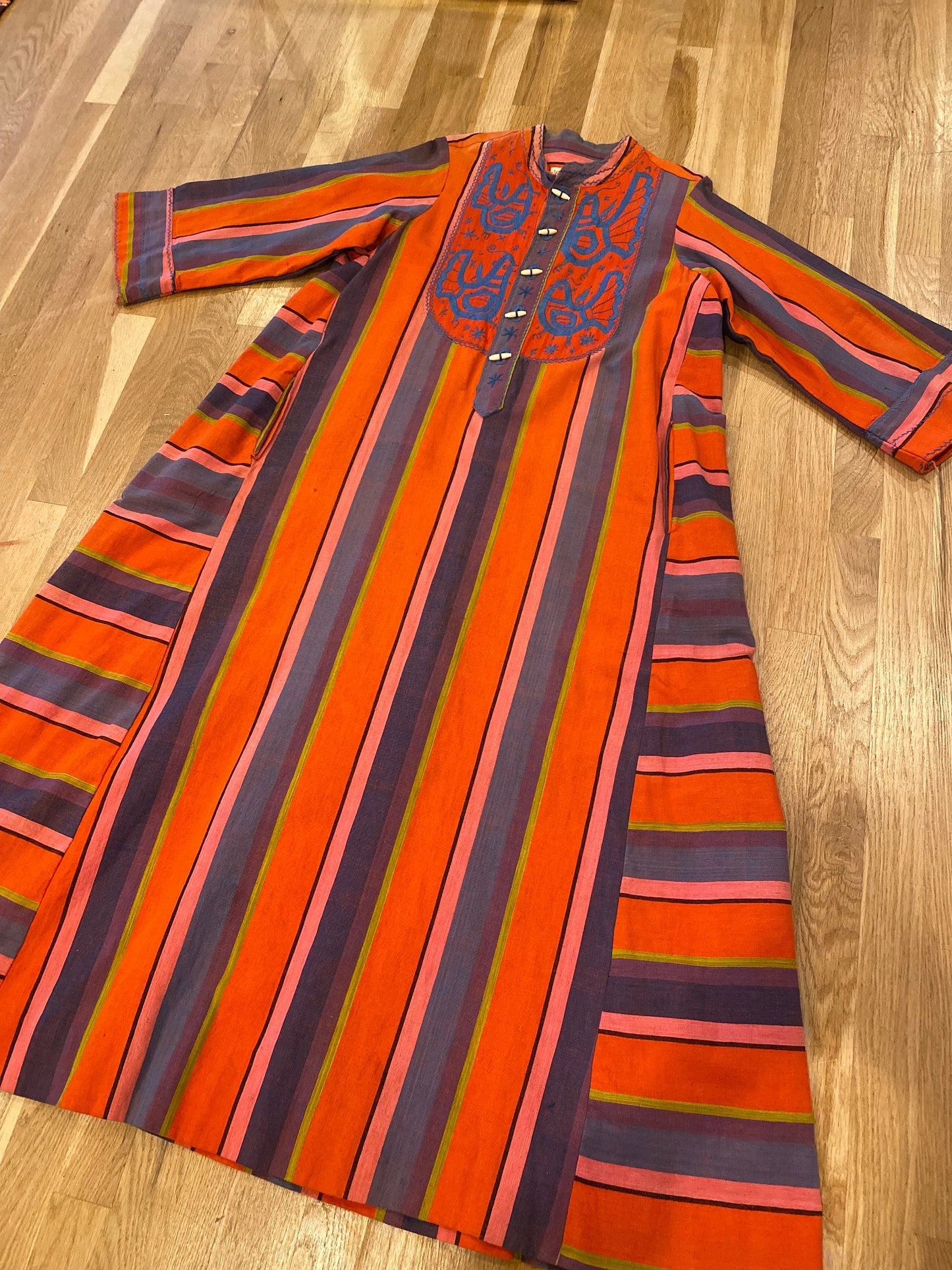 Vintage Mexican Designer Rafael Striped Embroidered Sweeping Caftan